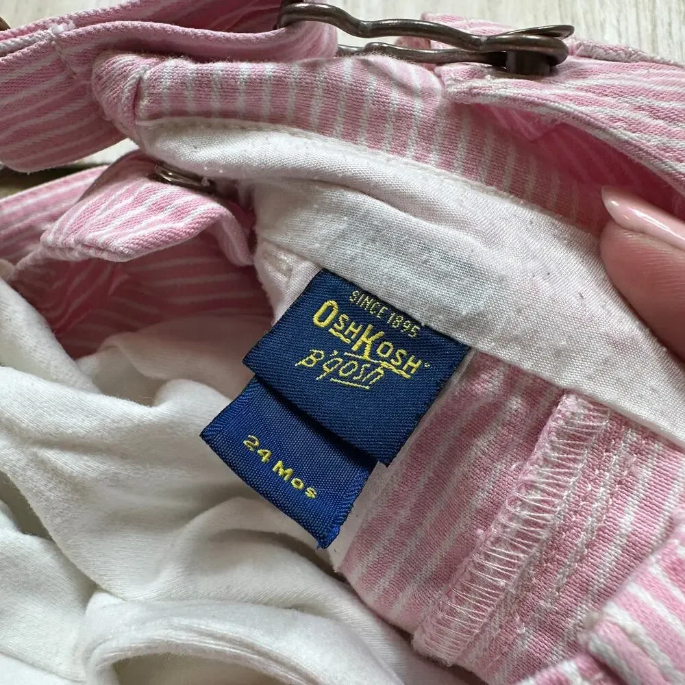OshKosh Pink Hickory Stripe Overalls Floral Cottagecore Country Outfit Set 24M